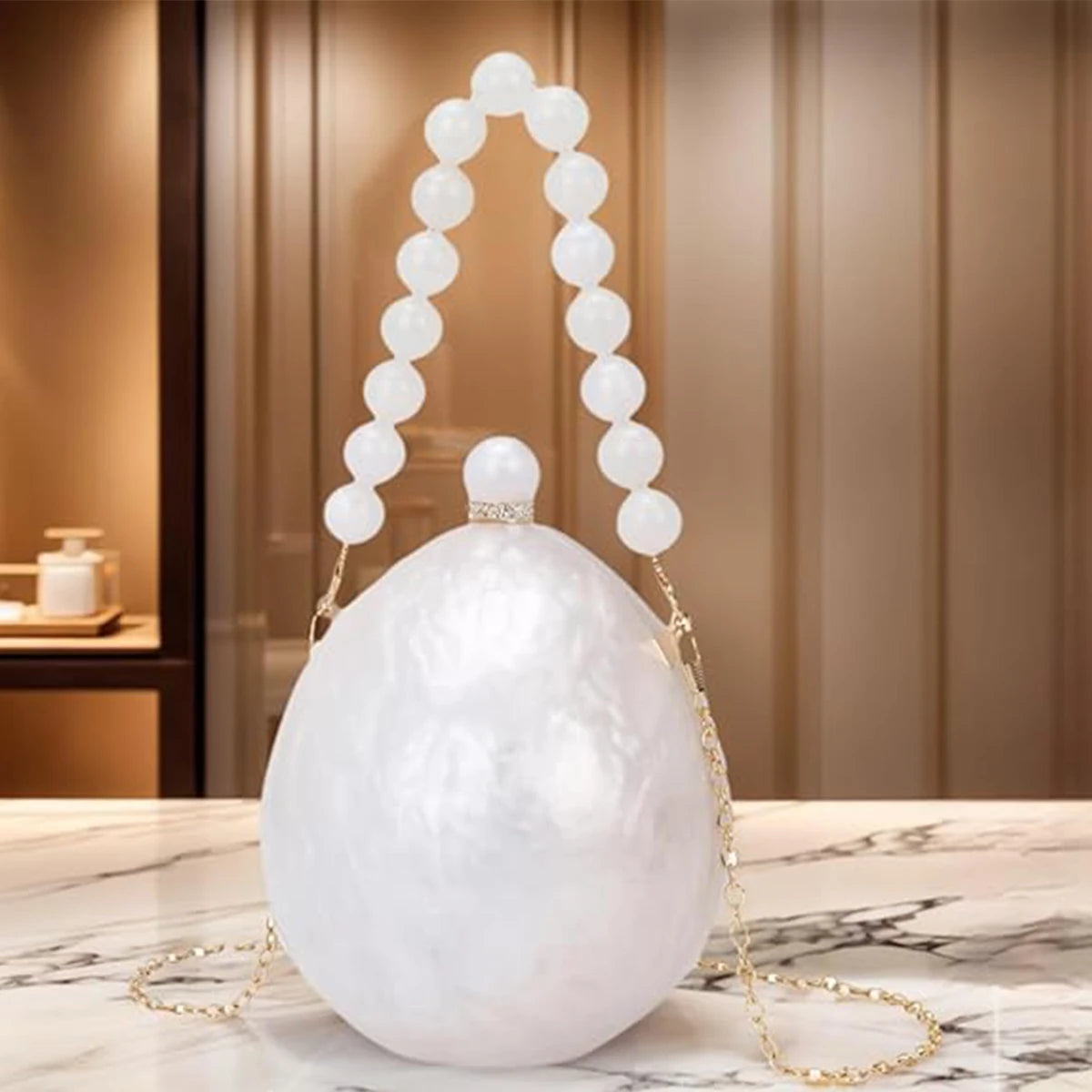 Unique Women Egg Round Acrylic Clutch Bag Chic Pearl Chain Evening Purse Wedding Handbag for Prom Party Dating