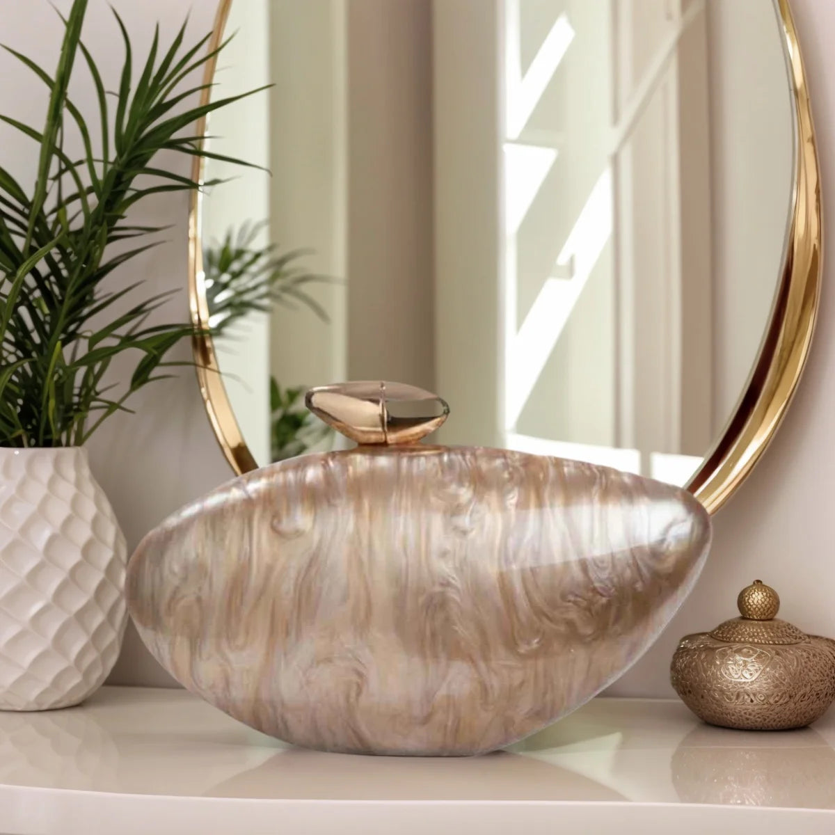 Trendy Women Shell Shape Acrylic Clutch Metallic Buckle Evening Purses Shiny Marble Egg Bag Wedding Prom Handbag