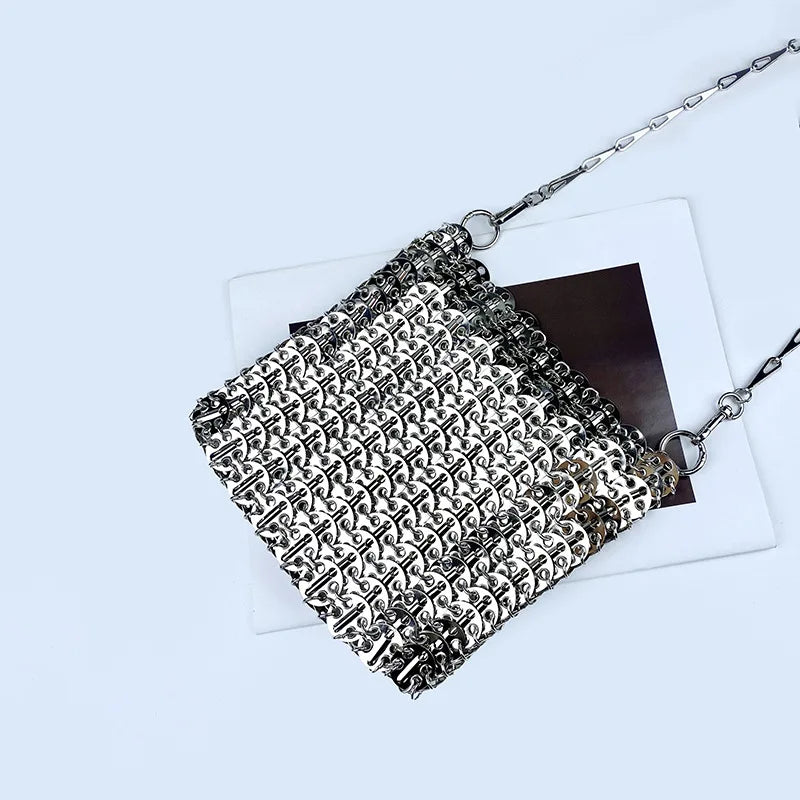 Women Glitter Metal Sequins Shoulder Bag Trendy Hollow Out Metallic Clutch Evening Party Crossbody Purse for Prom Cocktail