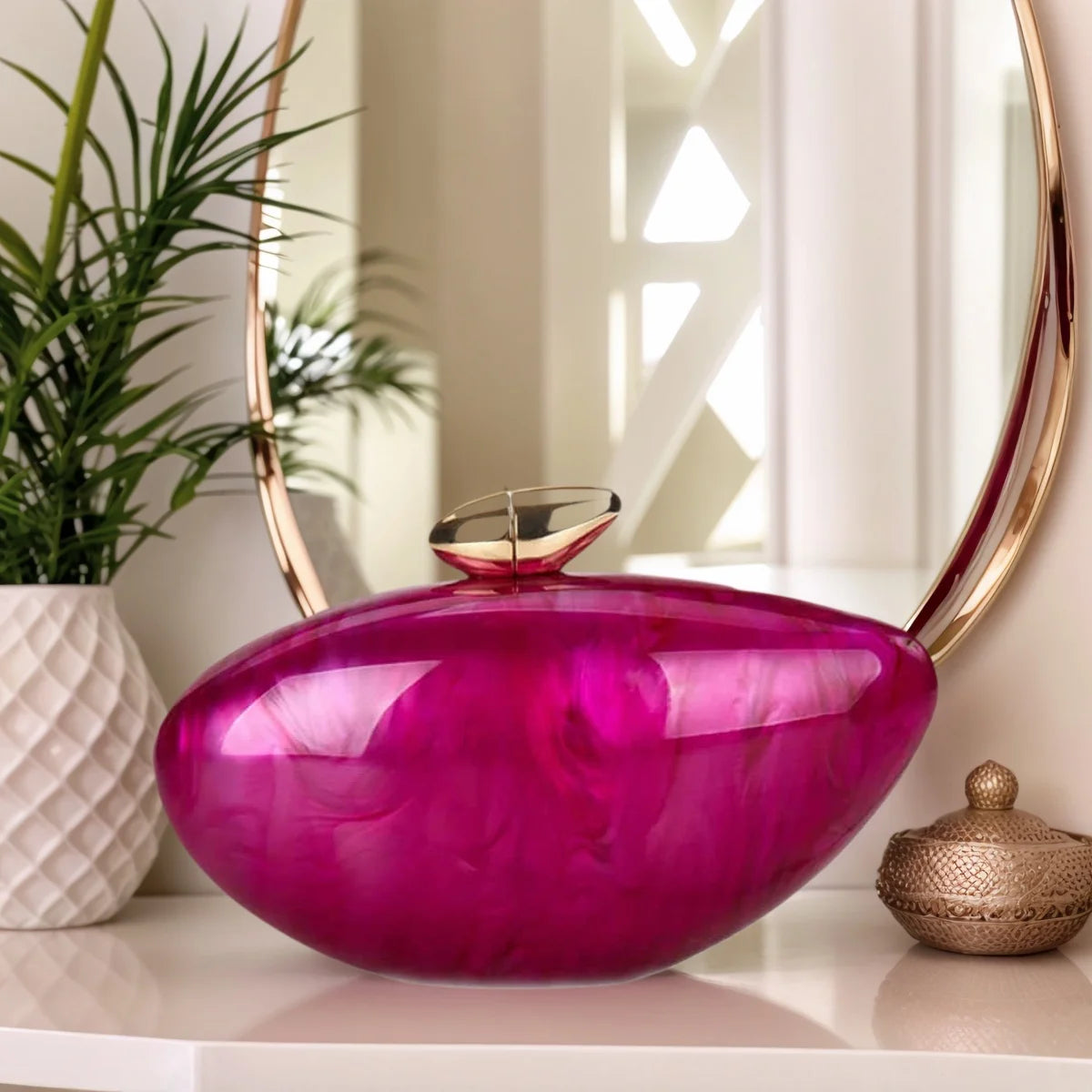 Trendy Women Shell Shape Acrylic Clutch Metallic Buckle Evening Purses Shiny Marble Egg Bag Wedding Prom Handbag