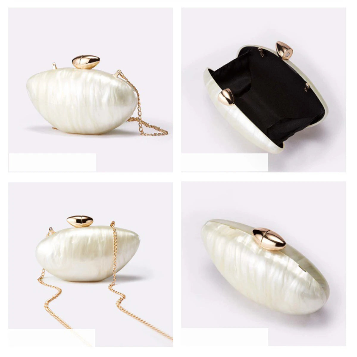 Trendy Women Shell Shape Acrylic Clutch Metallic Buckle Evening Purses Shiny Marble Egg Bag Wedding Prom Handbag