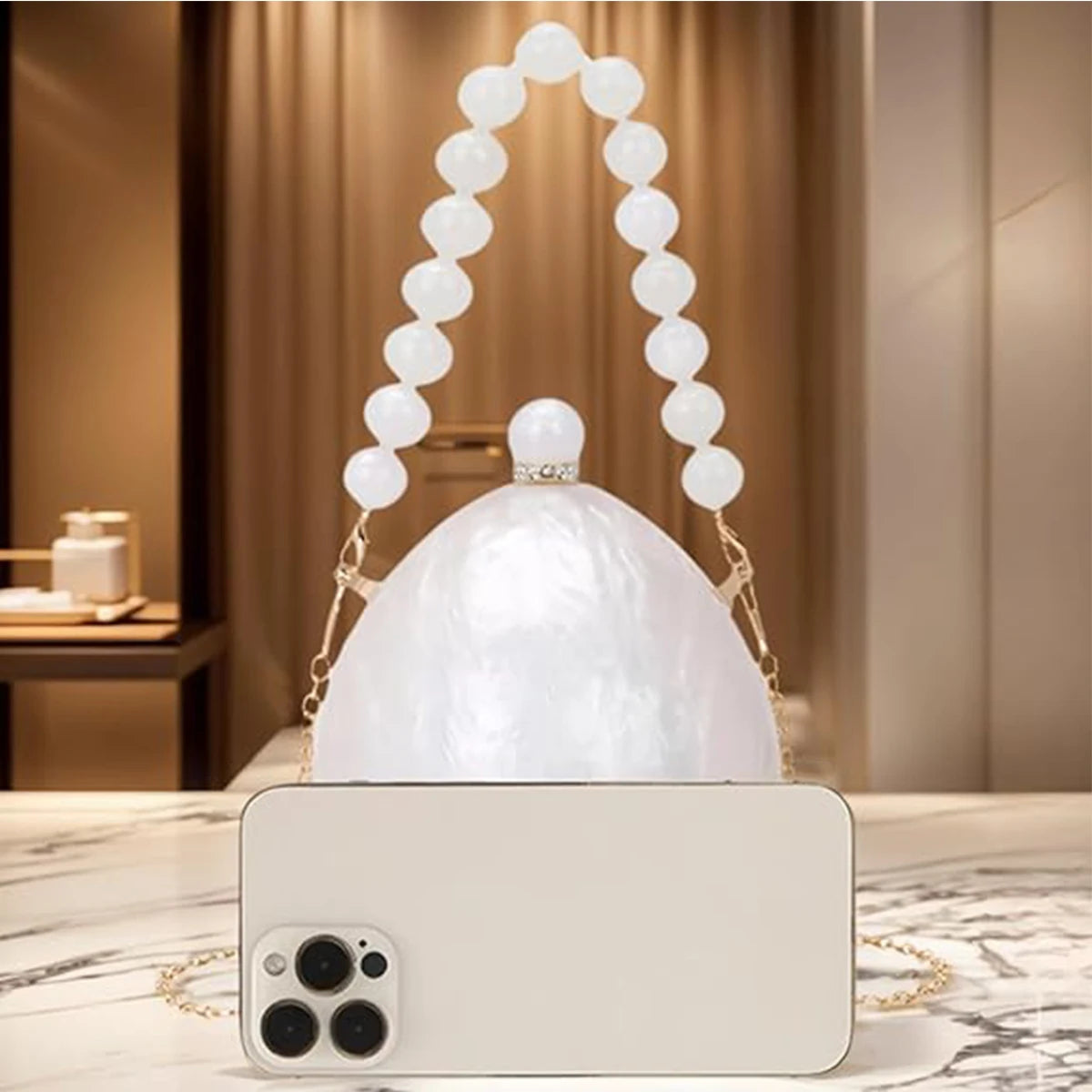 Unique Women Egg Round Acrylic Clutch Bag Chic Pearl Chain Evening Purse Wedding Handbag for Prom Party Dating