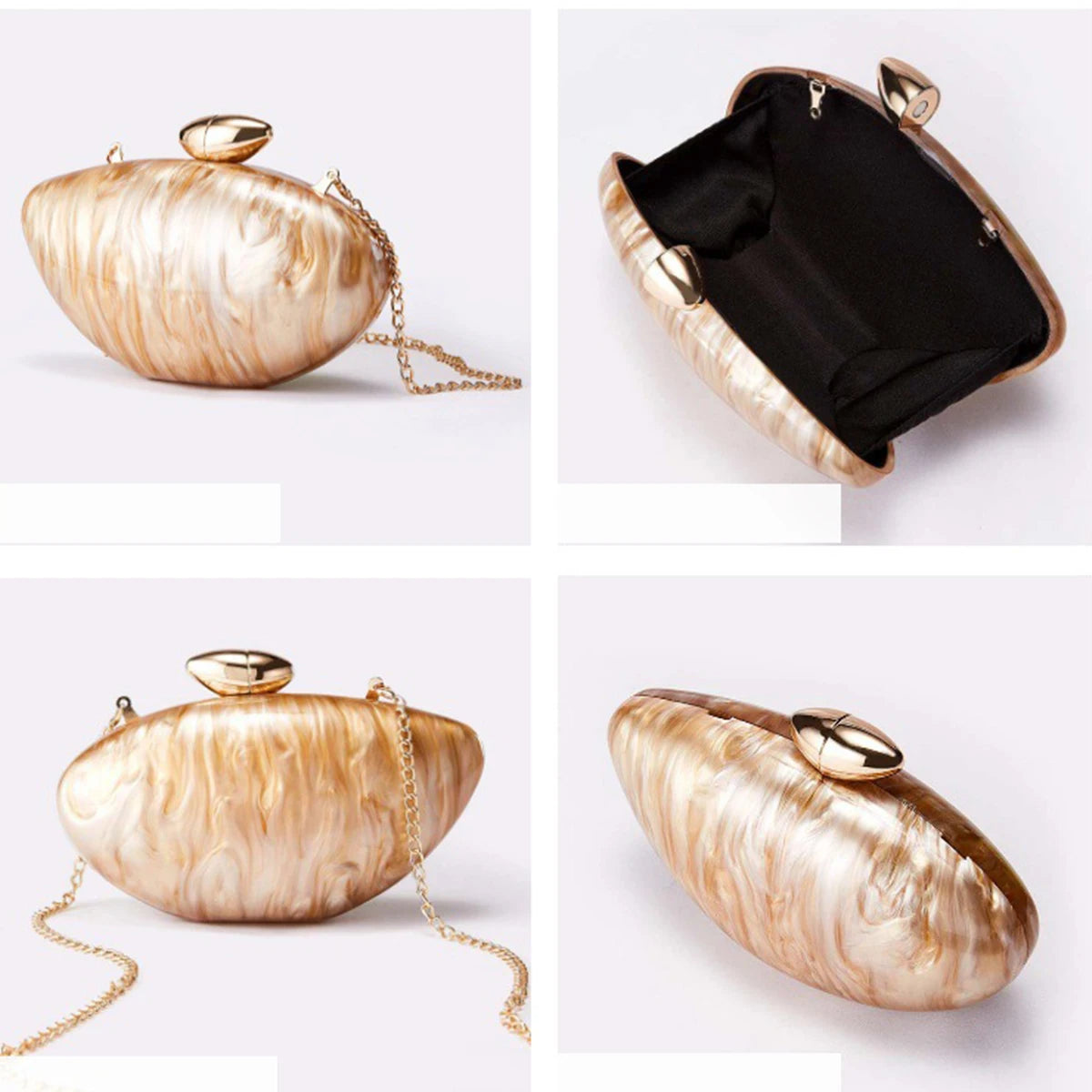 Trendy Women Shell Shape Acrylic Clutch Metallic Buckle Evening Purses Shiny Marble Egg Bag Wedding Prom Handbag