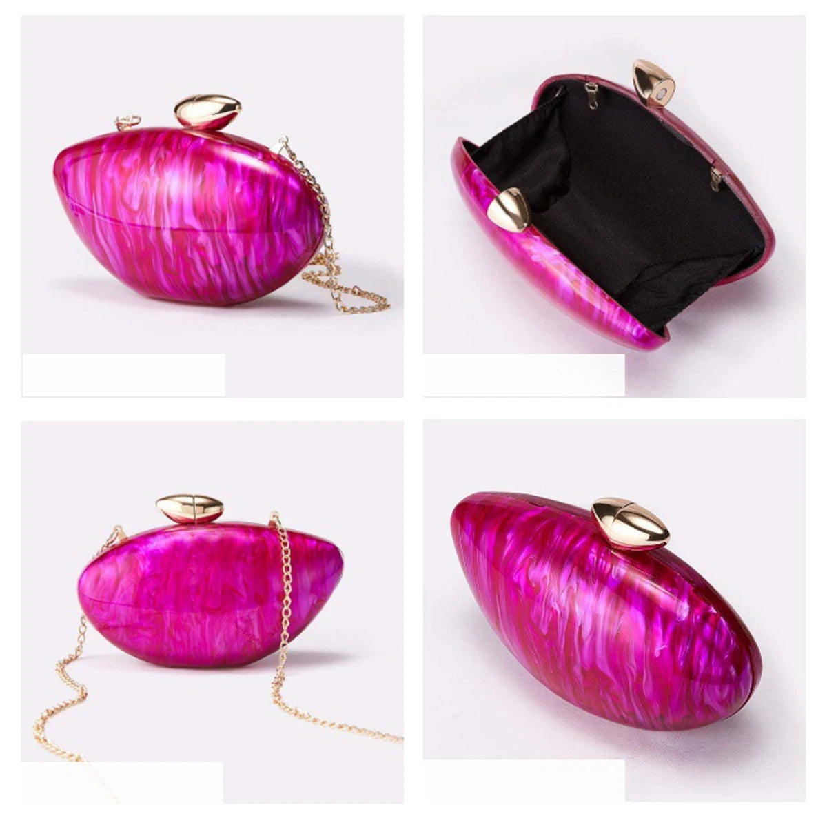 Trendy Women Shell Shape Acrylic Clutch Metallic Buckle Evening Purses Shiny Marble Egg Bag Wedding Prom Handbag