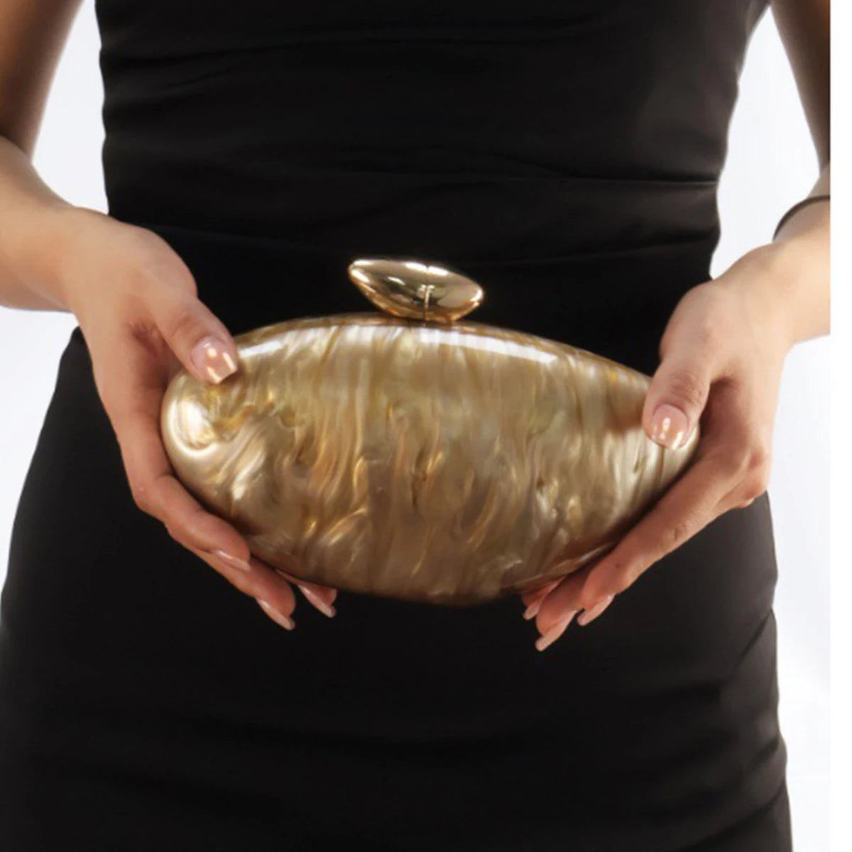 Trendy Women Shell Shape Acrylic Clutch Metallic Buckle Evening Purses Shiny Marble Egg Bag Wedding Prom Handbag