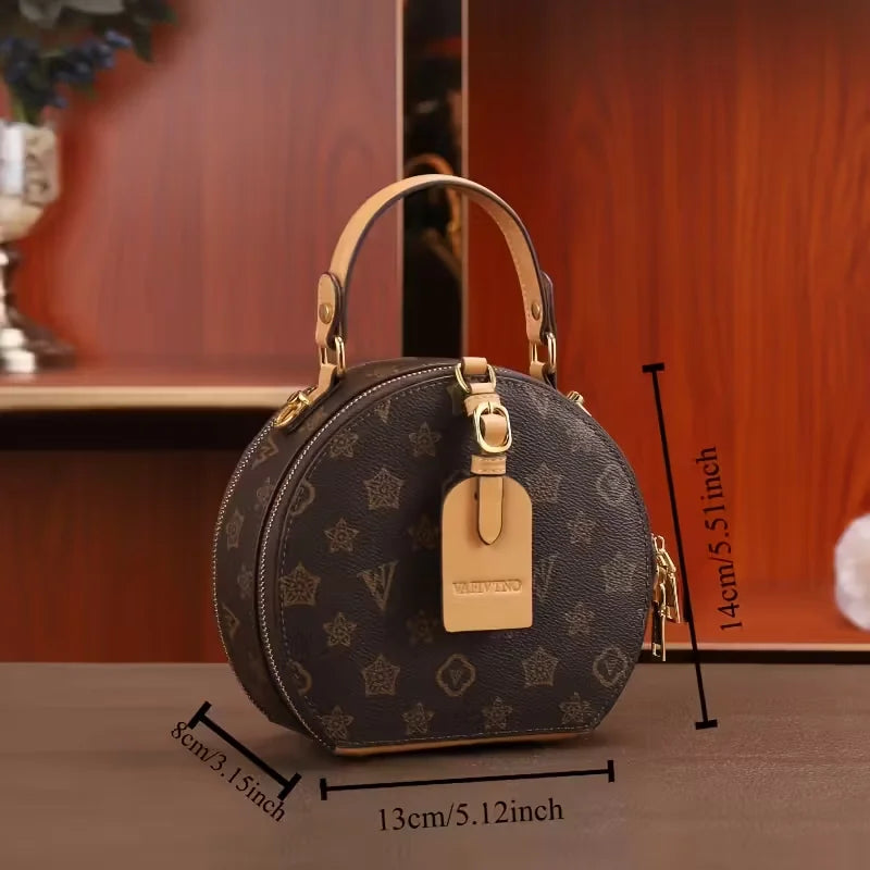 Vintage Floral Print Round Handbag for Women - Elegant Detachable Strap, Zipper Closure, Polyester Lined, White Leather-Like