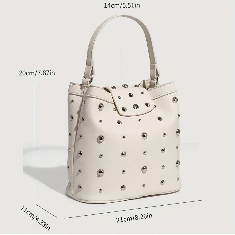 White Leather Single Shoulder Bag, Riveted Carry-on Bag Large Capacity, Fashionable Zipper Chain Diagonal Cross Bags