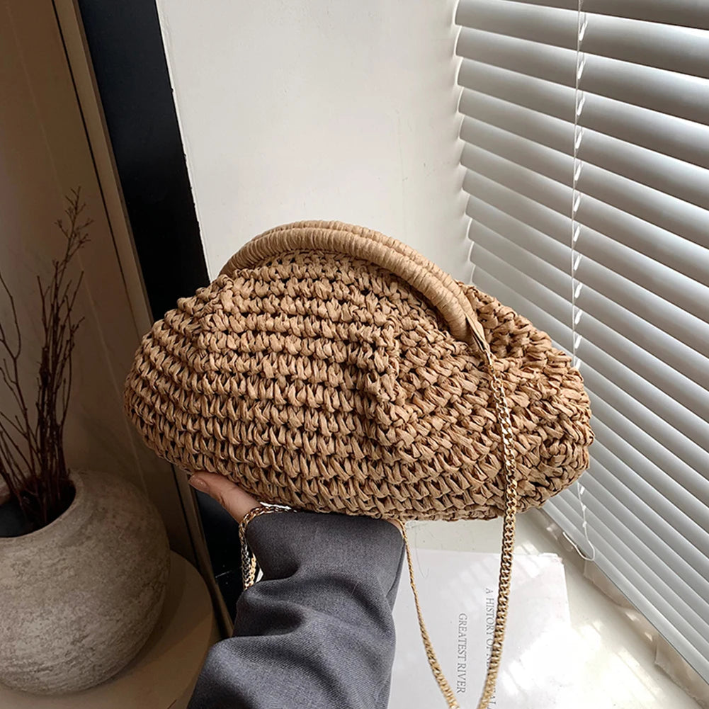 Women Straw Woven Bag Chain Strap Stylish Crossbody Bag Large Capacity Weaving Satchel Bag Solid Color for Outdoor Travel