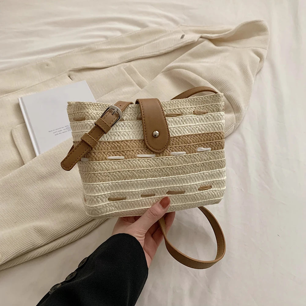 Ladies Woven Bag Handmade Messenger Bag Fashion Casual Simple Portable Gradient Color Elegant Paper Rope for Seaside Holiday