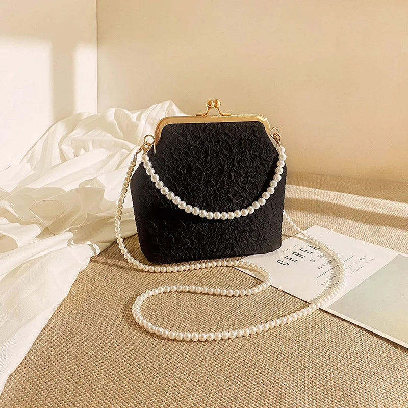 Black And White Pearl Evening Bag Fashionable High-end Simple Metal Buckle Pearl Shoulder Strap Woman Crossbody Bag