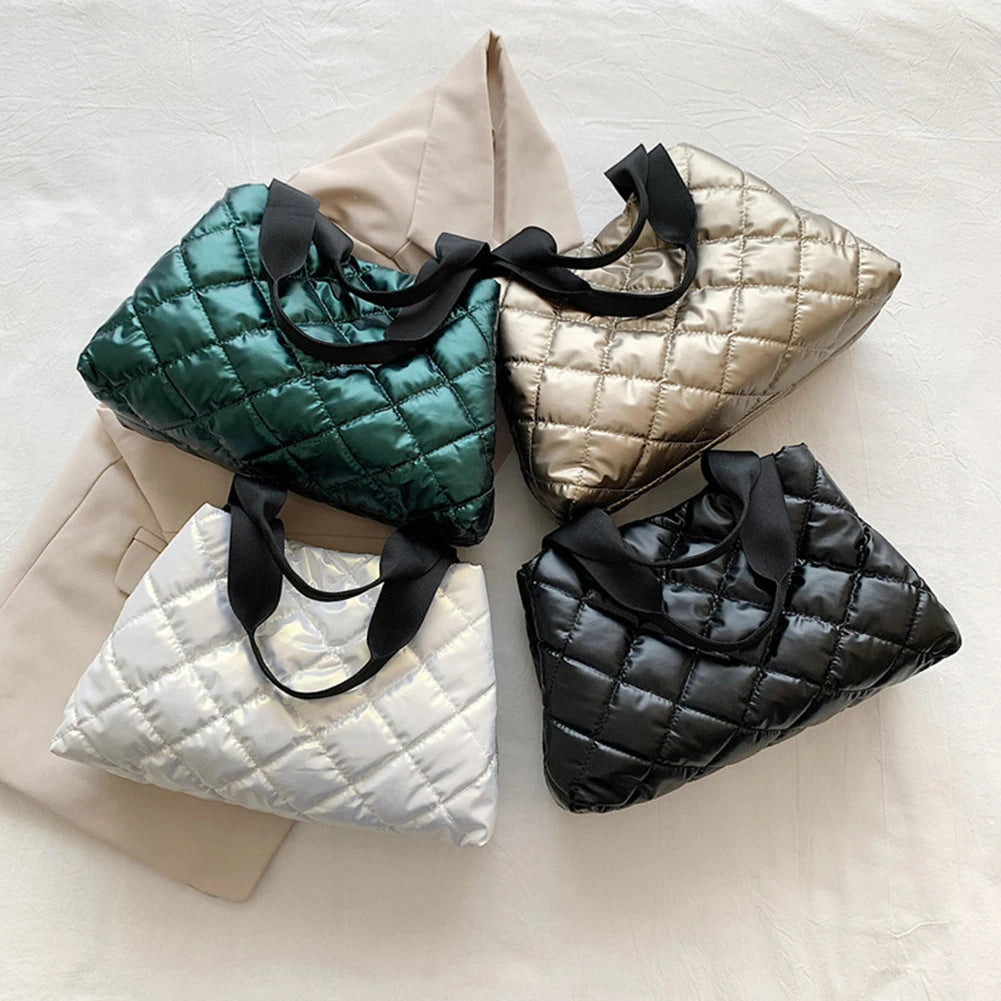 Women Quilted Hobo Handbag Large Capacity Puffer Shoulder Bag Solid Color Portable Cotton Girls Winter Bag