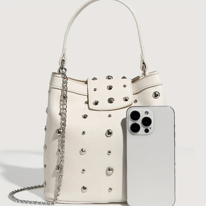 White Leather Single Shoulder Bag, Riveted Carry-on Bag Large Capacity, Fashionable Zipper Chain Diagonal Cross Bags