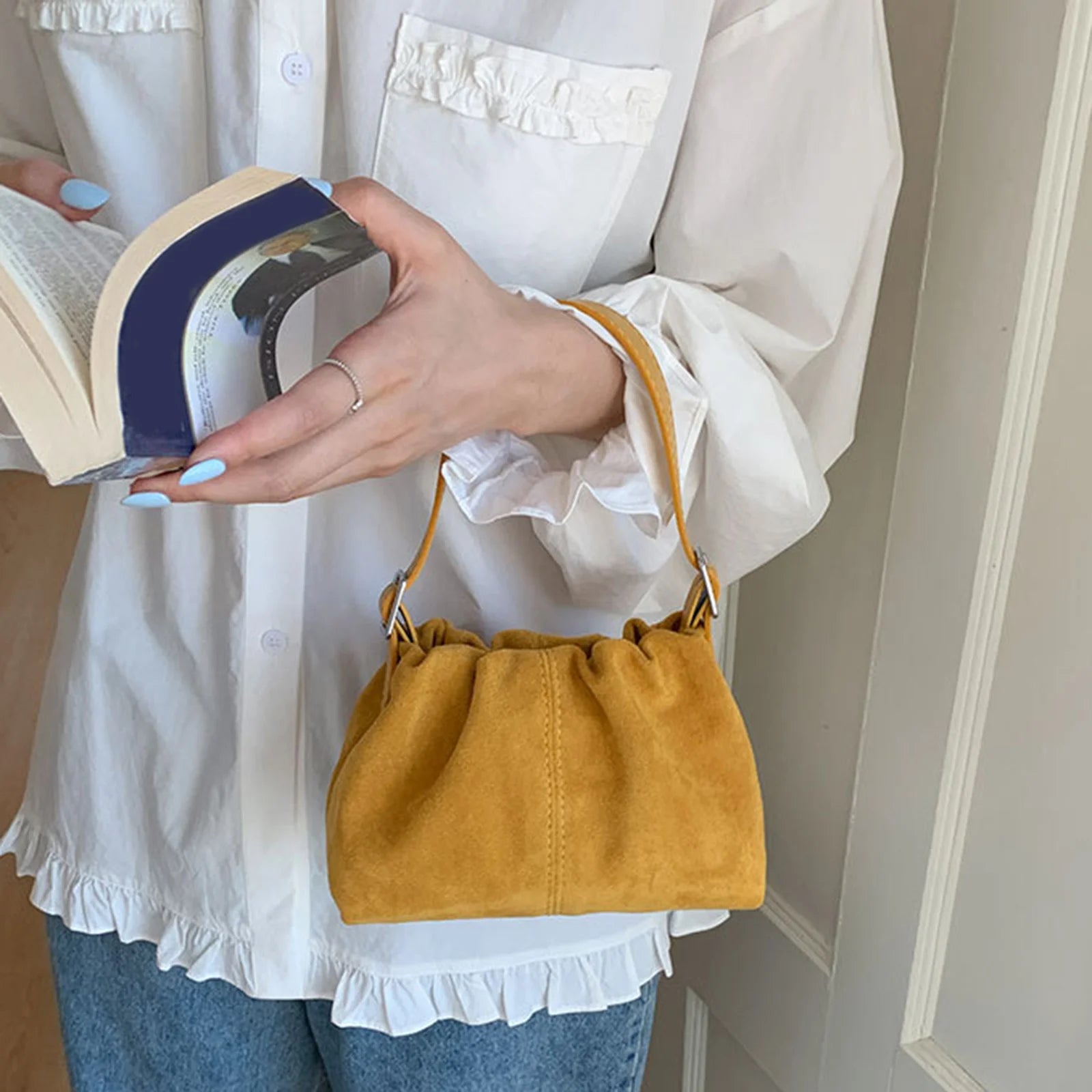 PU Shoulder Bag Solid Color Tote Handbag Lightweight Crossbody Bag Drawstring for Women Daily Use Special Occasion