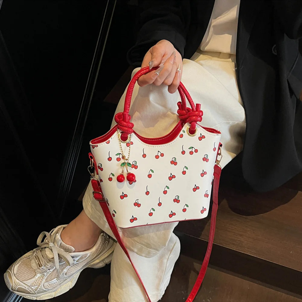 PU Leather Bucket Fashion Shoulder Bag for Women Girls Cherry Printed Crossbody Bag Trendy Top-handle Bag with Adjustable Strap