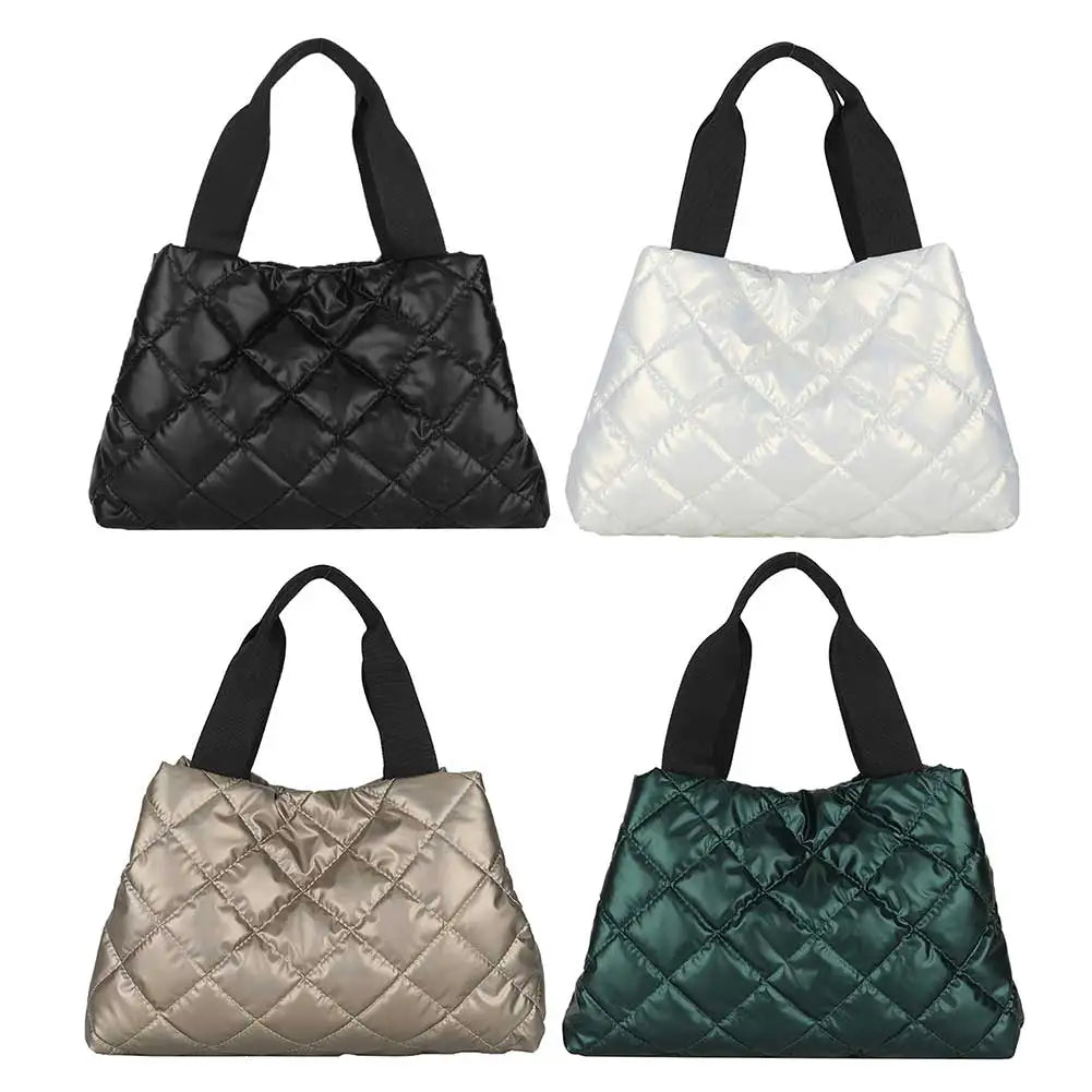 Women Quilted Hobo Handbag Large Capacity Puffer Shoulder Bag Solid Color Portable Cotton Girls Winter Bag