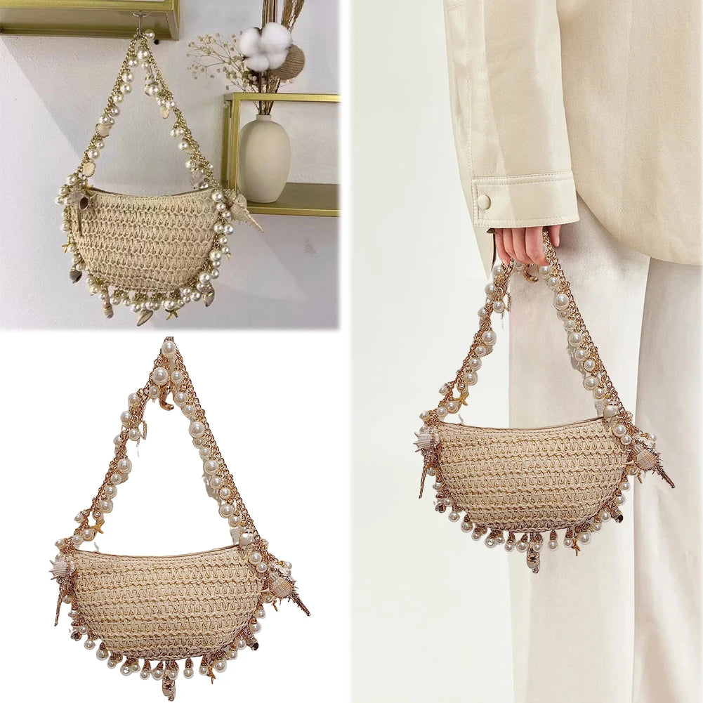 Women's Bohemian Straw Bag Handwoven Conch Starfish Beach Bag Pearls Shell Hand-Woven Handbags Rattan Half Moon Shoulder Bags