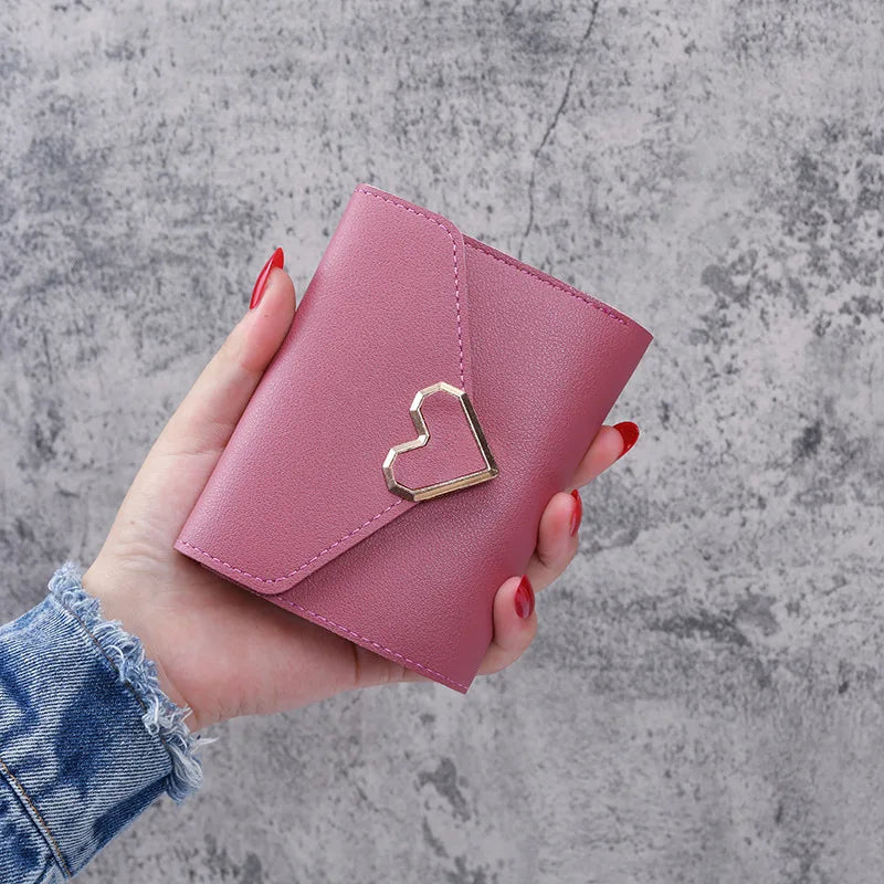Women Heart Hasp Short Wallet Simple Multifunctional Folding Purse Card Holder Cute Fashion Clutch Bag Girls Money Bag