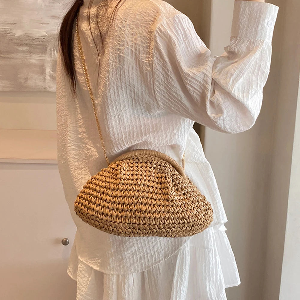 Women Straw Woven Bag Chain Strap Stylish Crossbody Bag Large Capacity Weaving Satchel Bag Solid Color for Outdoor Travel