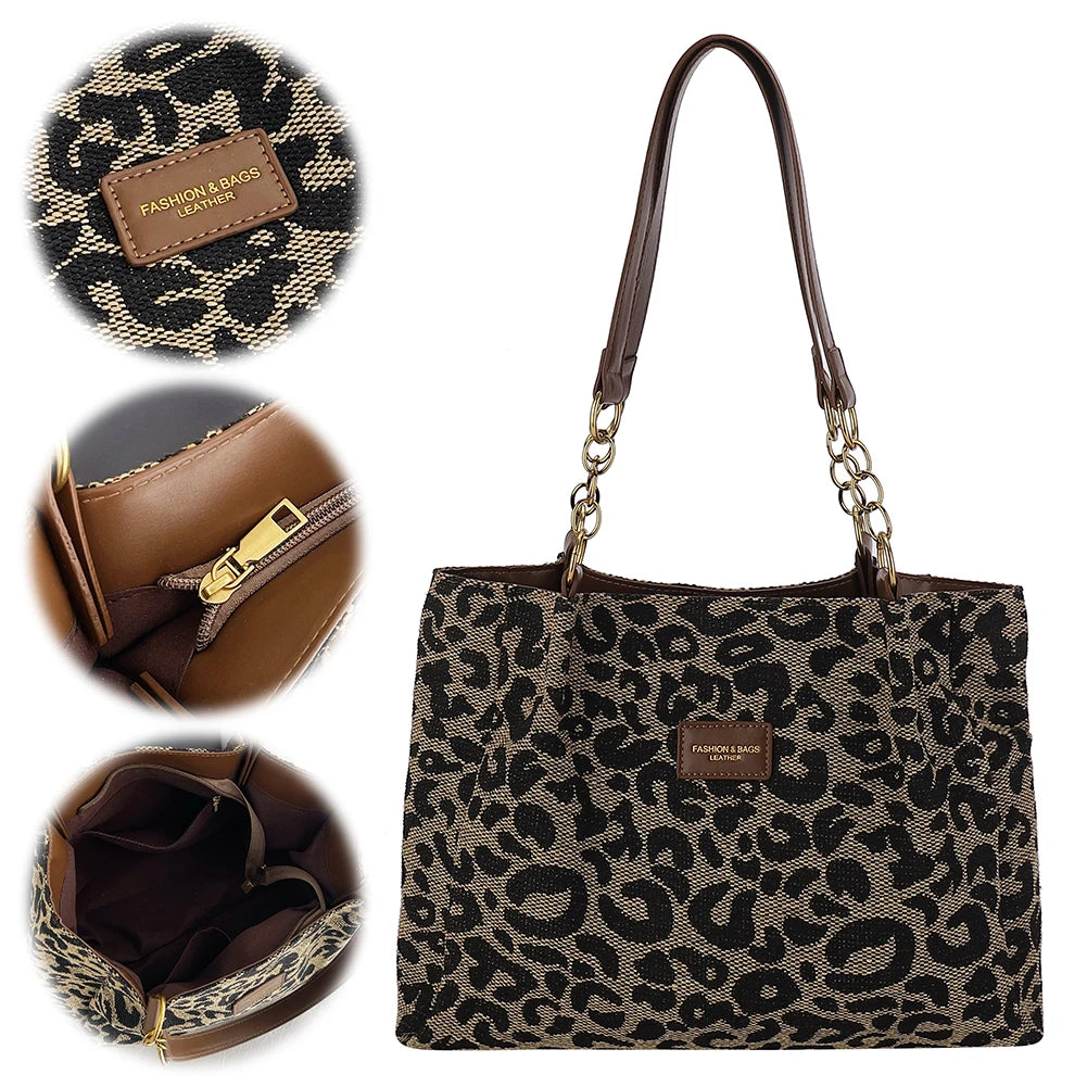 Women Tote Bag Leopard Print Canvas Shoulder Bag Multi-Pockets Handbag with Zipper Underarm Bag for School Work Shopping