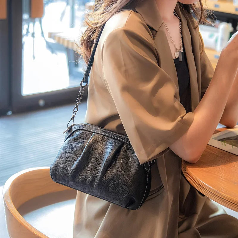 Genuine Leather Pleated Casual Bag for Women Crossbody Cloud Purse Soft Cow Leather Lady Shoulder Bag Small Hobo Handbags