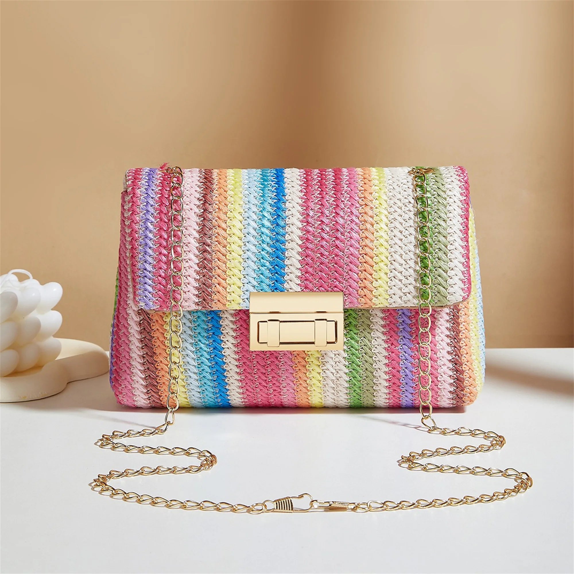 Colorful Striped Rattan Crossbody Bag Boho Woven Purse Shoulder Bag for Women Summer Beach Vacation Accessory