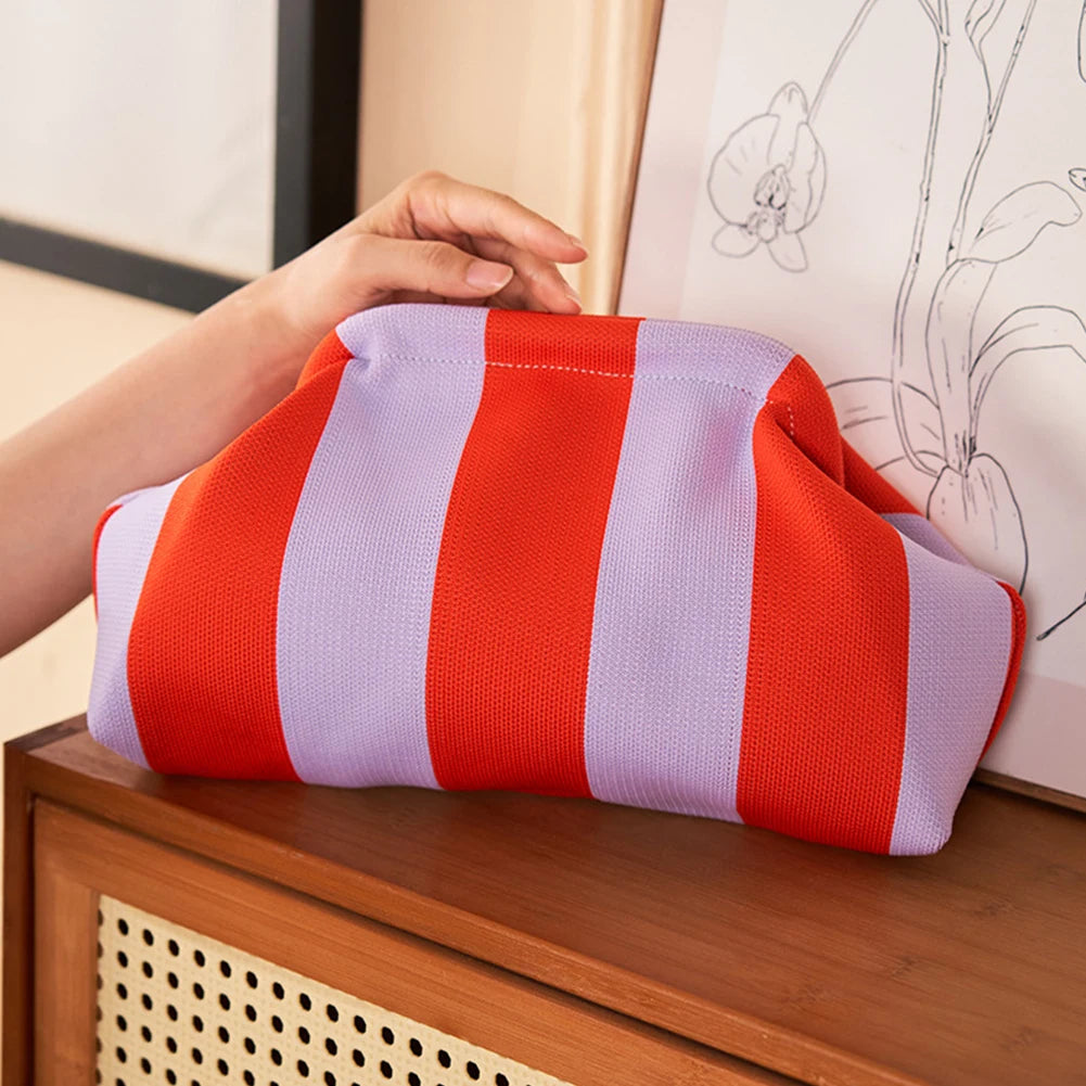 Summer Beach Clutch Bag for Women Elegant Striped Handbag Woven Crochet Purses Knitting Dumpling Clutch Casual Colorblock Bag