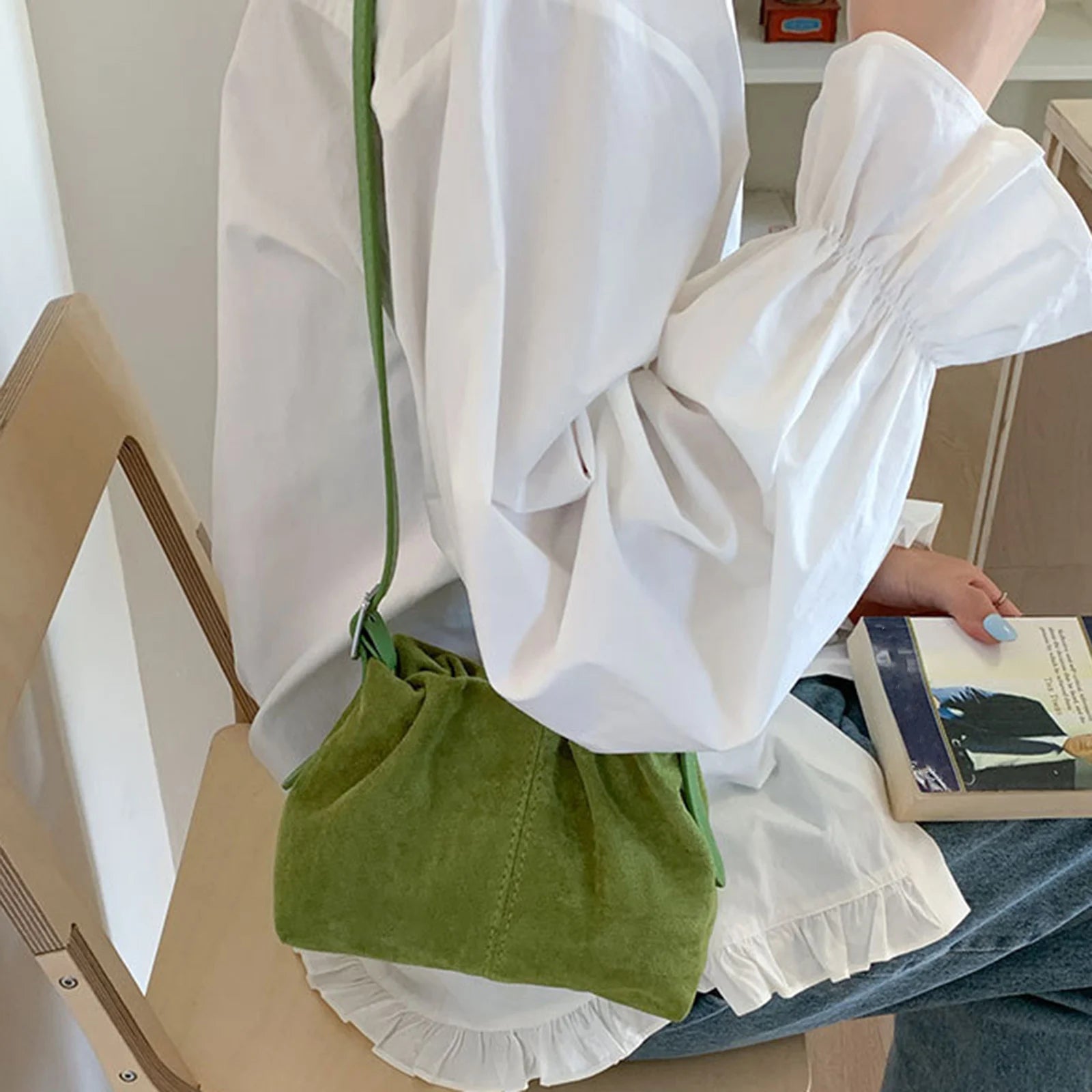 PU Shoulder Bag Solid Color Tote Handbag Lightweight Crossbody Bag Drawstring for Women Daily Use Special Occasion