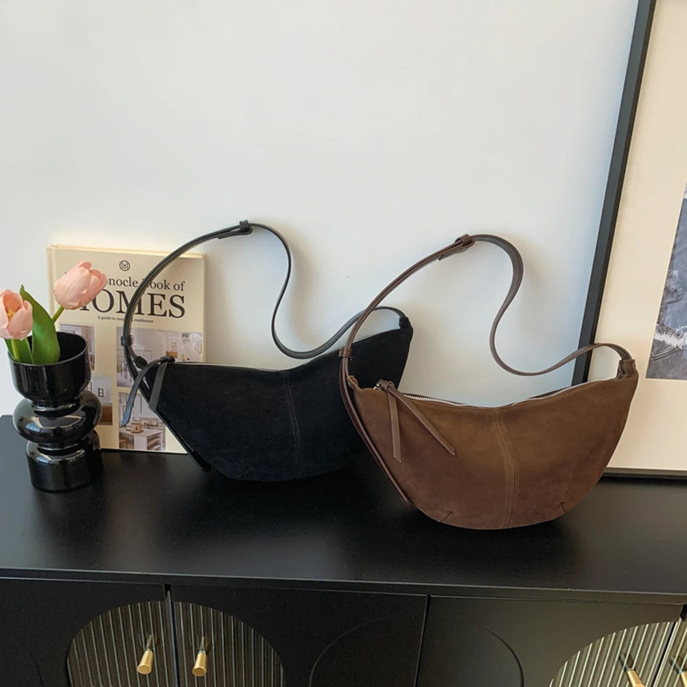 Crescent Bag for Women Men Adjustable Strap Crossbody Bag Suede Multi-pocket Handbag Dumpling Bag for Work Travel