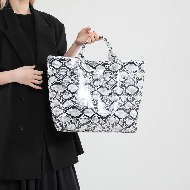 Women PU Handbag Fashion Handheld Bag Large Capacity Shopping Bag Snake Pattern Commuting Bag Waterproof Chic Hobo Bag