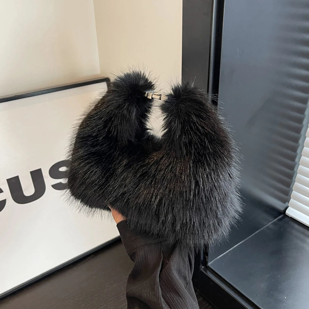Women Faux Fur Shoulder Bag Adjustable Strap Fluffy Crossbody Bag Solid Color Clutch Purse for Travel Party