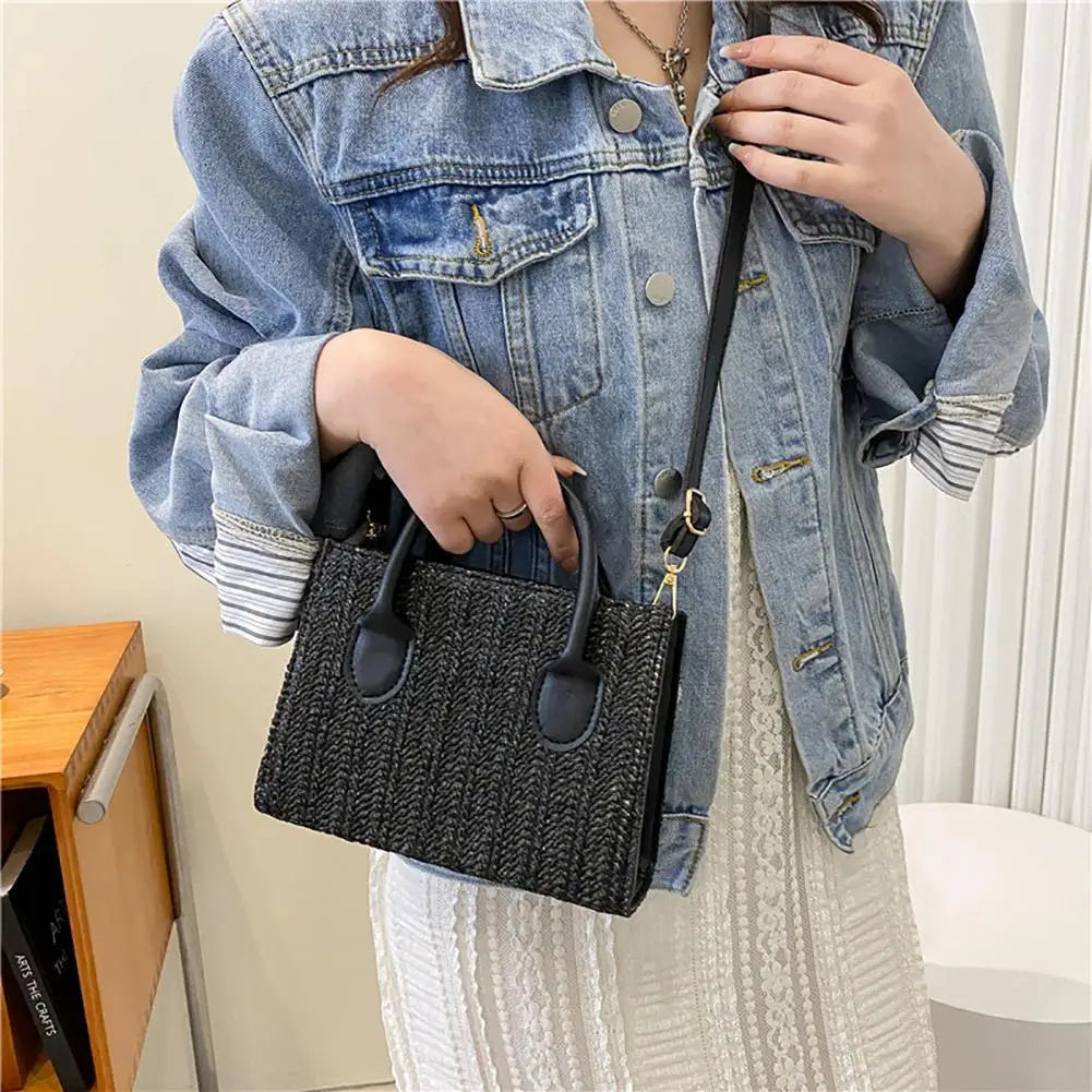 Women Handmade Beach Bag Large Capacity Travel Shopper Handbag Adjustable Strap Handheld Straw Satchel Bag Summer Holiday Bags