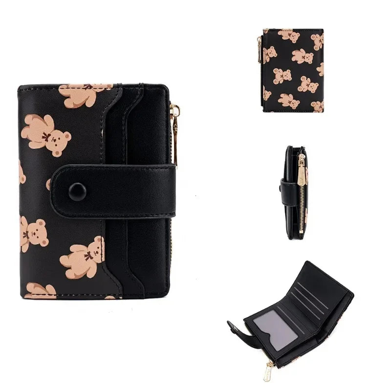 PU Leather Female Bifold Purses Cute Bear Card Holder Wallet for Girl Small Zipper Wallet with Coin Purse