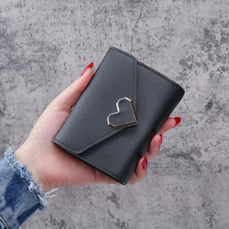 Women Heart Hasp Short Wallet Simple Multifunctional Folding Purse Card Holder Cute Fashion Clutch Bag Girls Money Bag