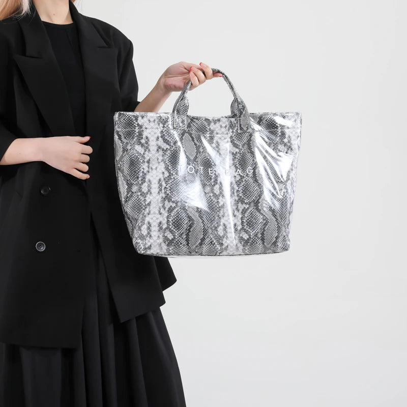 Women PU Handbag Fashion Handheld Bag Large Capacity Shopping Bag Snake Pattern Commuting Bag Waterproof Chic Hobo Bag
