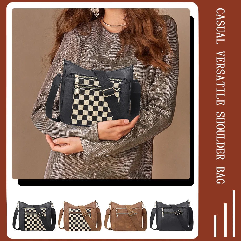 Women Leather Crescent Crossbody Bag Adjustable Strap Stylish Satchel Purse Cherckered Shoulder Bag for Commuting Daily Use