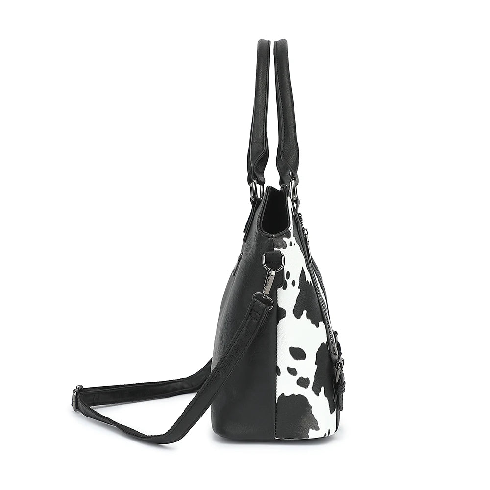 Cow Print Tote Bag for Women Western Purse Boho Top Handle Stachel Handbag with Guitar Strap Gift Brown