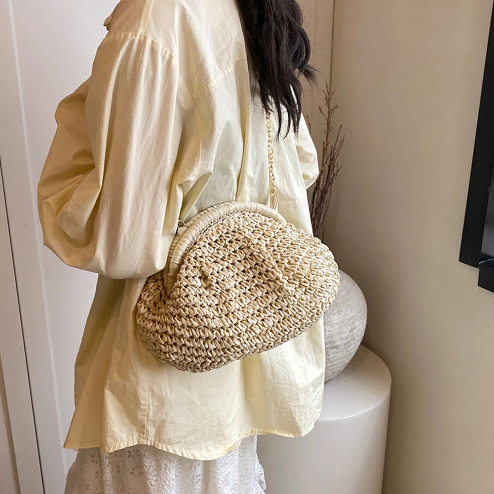 Women Straw Woven Bag Chain Strap Stylish Crossbody Bag Large Capacity Weaving Satchel Bag Solid Color for Outdoor Travel