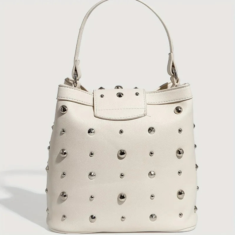 White Leather Single Shoulder Bag, Riveted Carry-on Bag Large Capacity, Fashionable Zipper Chain Diagonal Cross Bags