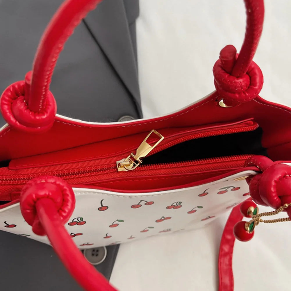 PU Leather Bucket Fashion Shoulder Bag for Women Girls Cherry Printed Crossbody Bag Trendy Top-handle Bag with Adjustable Strap