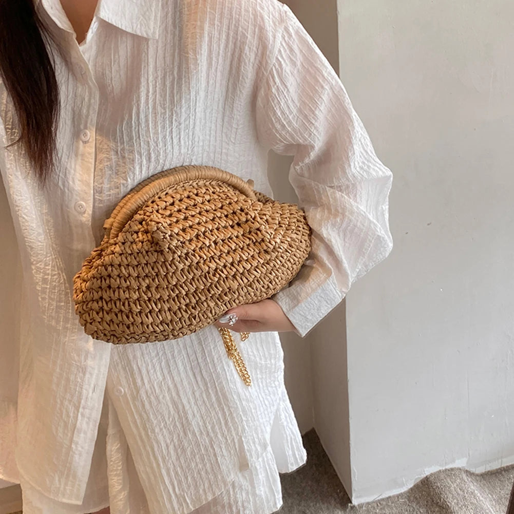 Women Straw Woven Bag Chain Strap Stylish Crossbody Bag Large Capacity Weaving Satchel Bag Solid Color for Outdoor Travel