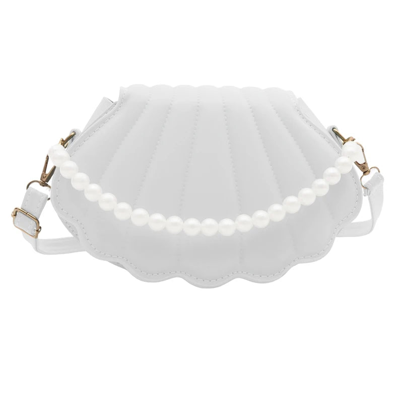PU Leather Shoulder Bag Seashell Women Crossbody Bag Pearl Chain with Adjustable Strap Satchel Bag for Party Prom Cocktail