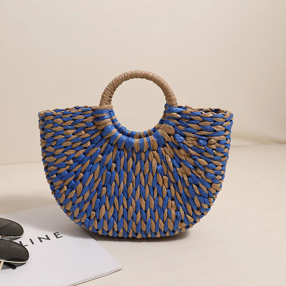 Women Half-Round Handbag Large Capacity Semi-Circle Woven Bag Color Clash Semicircle Weaving Bag Summer Beach Handbag