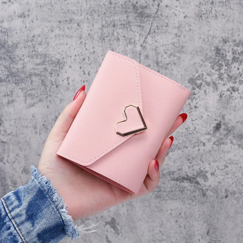 Women Heart Hasp Short Wallet Simple Multifunctional Folding Purse Card Holder Cute Fashion Clutch Bag Girls Money Bag