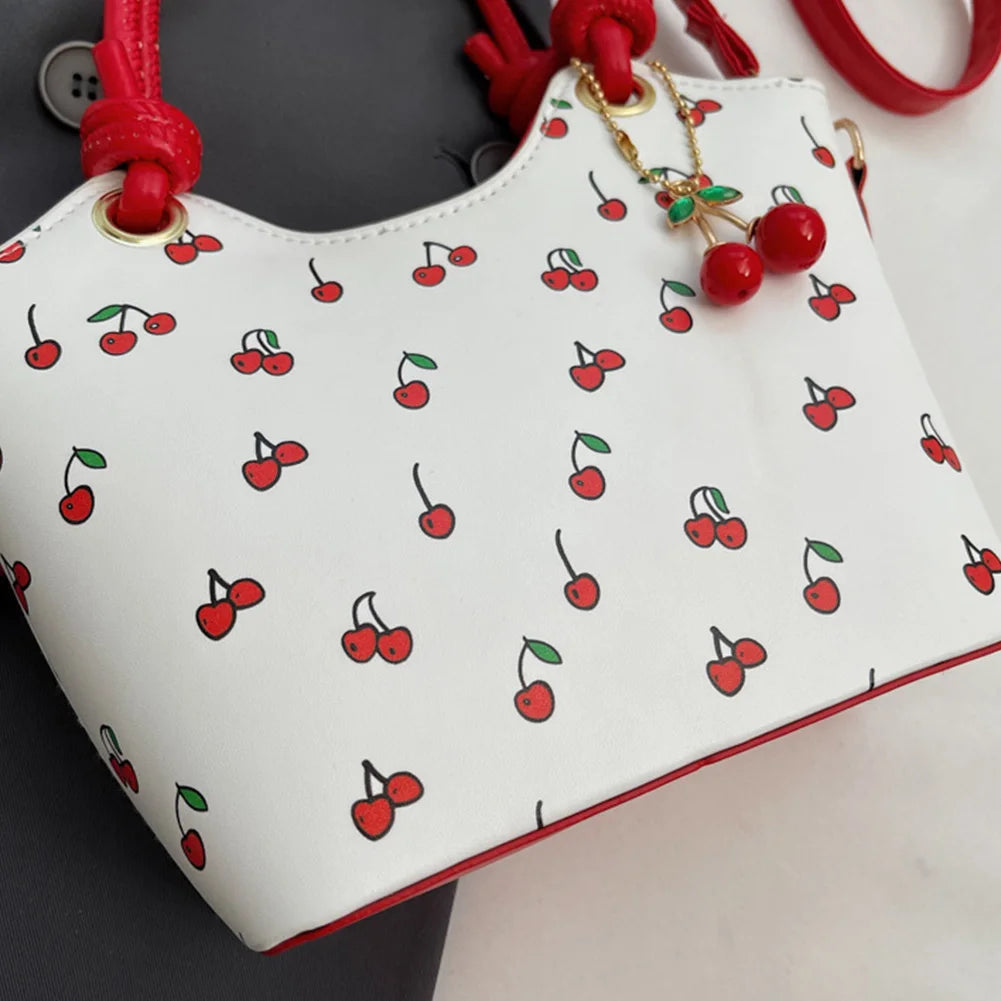 PU Leather Bucket Fashion Shoulder Bag for Women Girls Cherry Printed Crossbody Bag Trendy Top-handle Bag with Adjustable Strap
