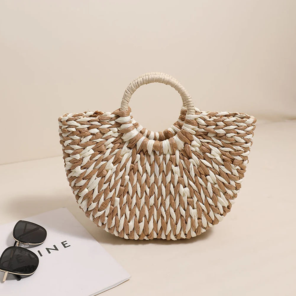 Women Half-Round Handbag Large Capacity Semi-Circle Woven Bag Color Clash Semicircle Weaving Bag Summer Beach Handbag