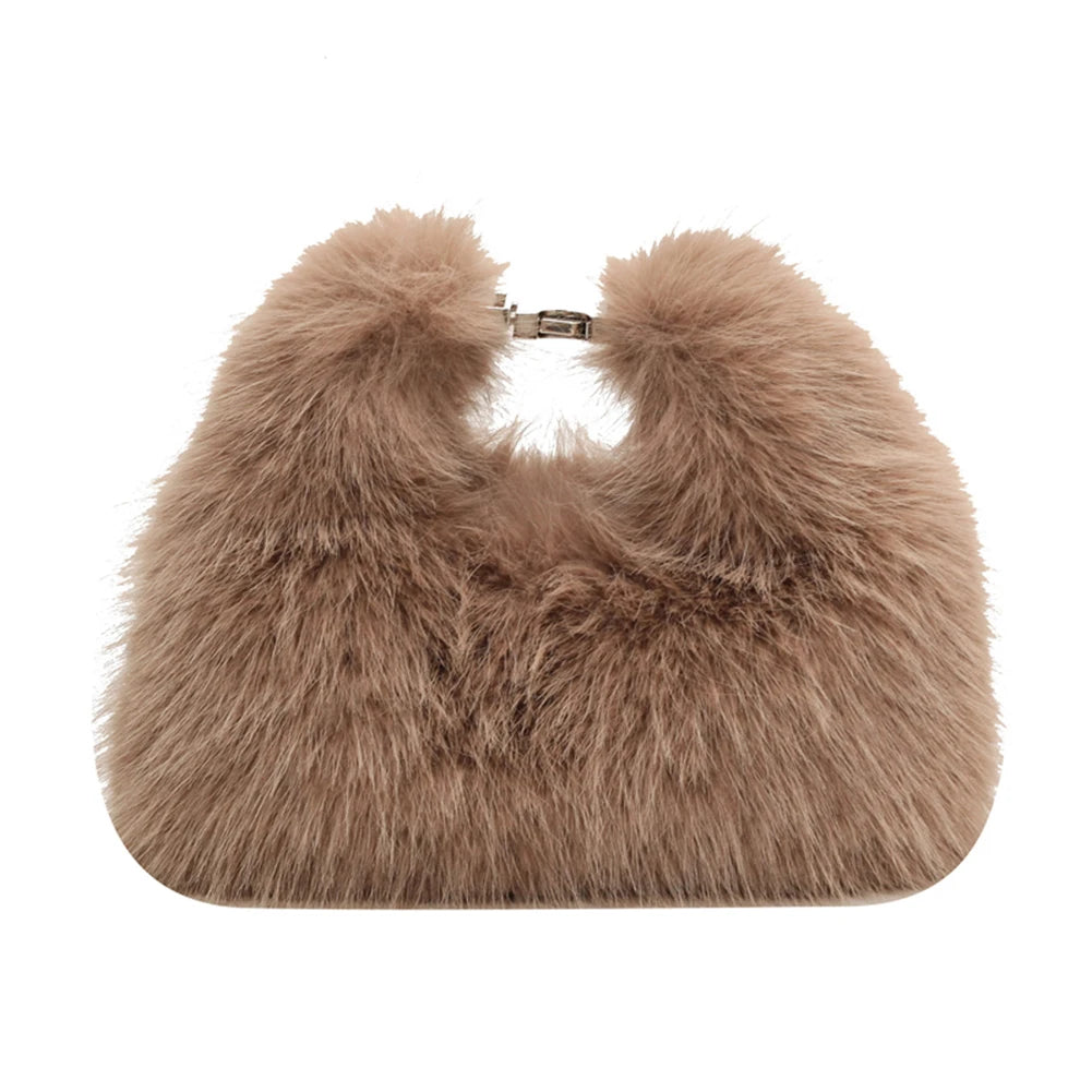 Women Faux Fur Shoulder Bag Adjustable Strap Fluffy Crossbody Bag Solid Color Clutch Purse for Travel Party