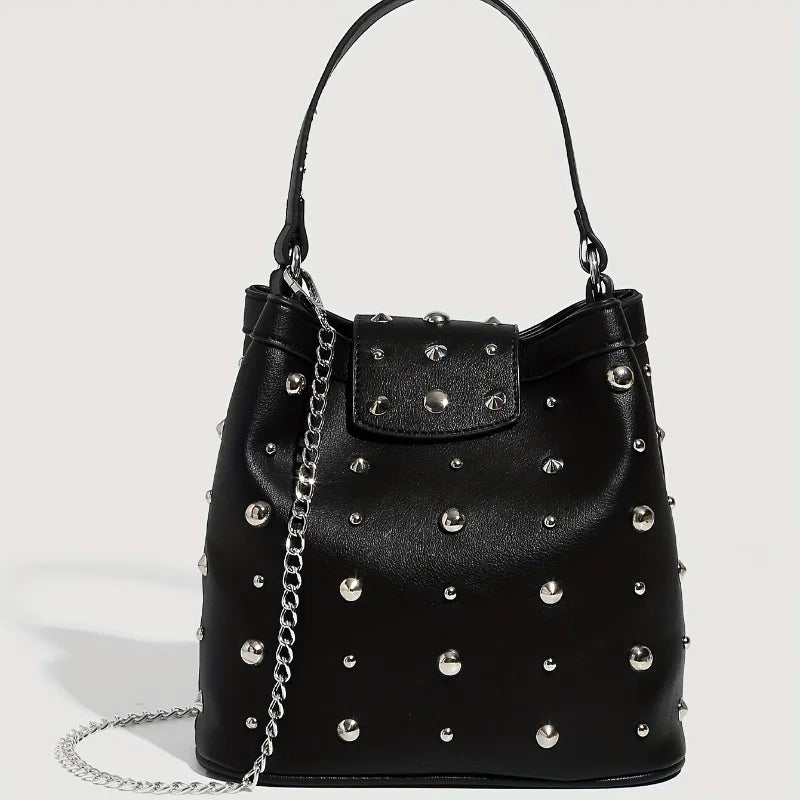 White Leather Single Shoulder Bag, Riveted Carry-on Bag Large Capacity, Fashionable Zipper Chain Diagonal Cross Bags