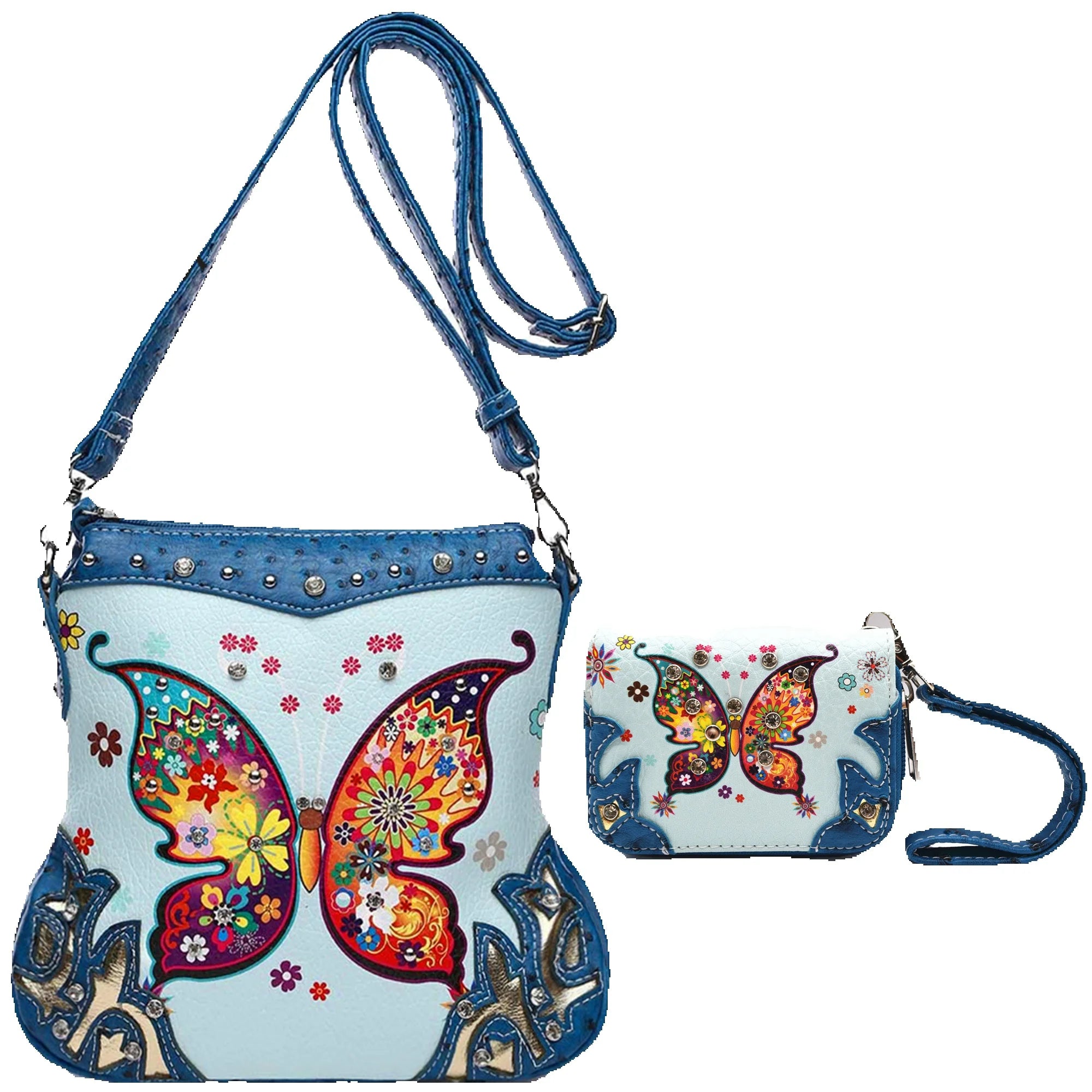Colorful Butterfly Women Crossbody Bag with Mini Wallet Set