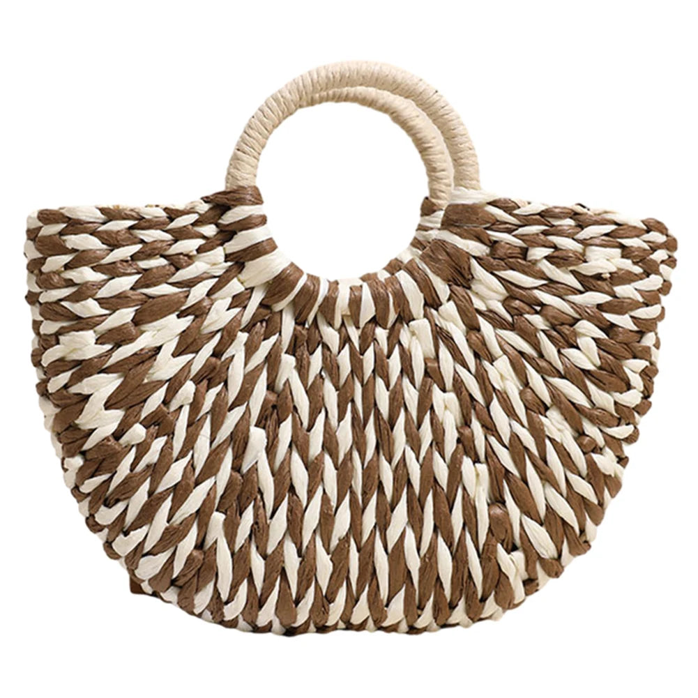 Women Half-Round Handbag Large Capacity Semi-Circle Woven Bag Color Clash Semicircle Weaving Bag Summer Beach Handbag