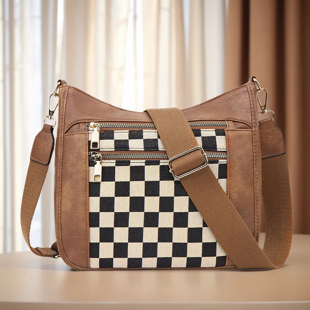 Women Leather Crescent Crossbody Bag Adjustable Strap Stylish Satchel Purse Cherckered Shoulder Bag for Commuting Daily Use